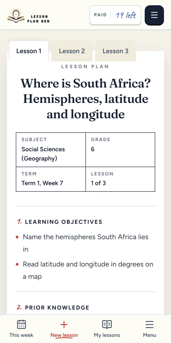 A finished lesson plan, with the subject, grade, term and week boxed at the top