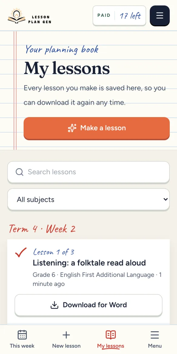 My lessons, grouped by term and week, each with a Download for Word button