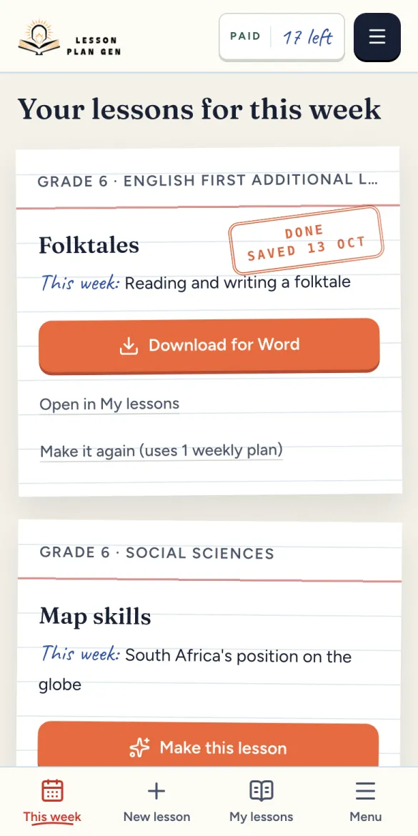 The This week page, with each subject for this week and a Done stamp on the lesson already made